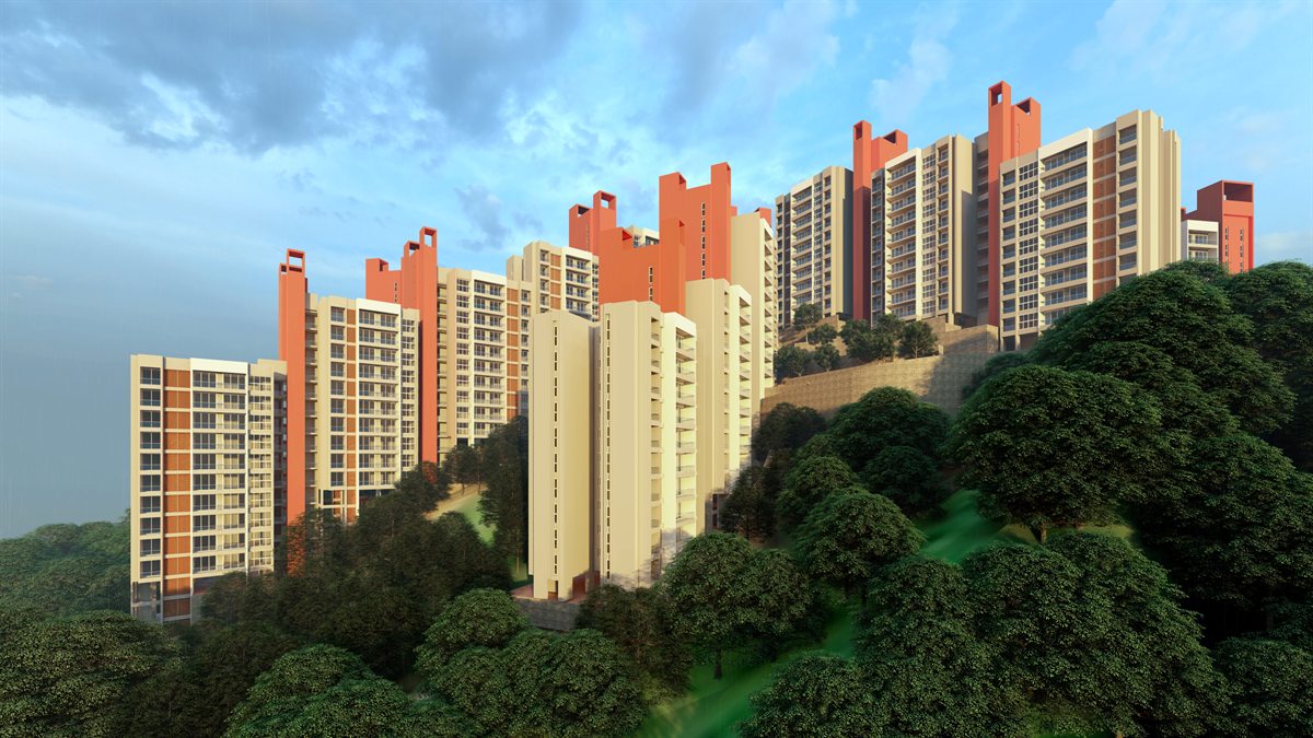 Federation Enclave apartment blocks stepping down a forested hillside