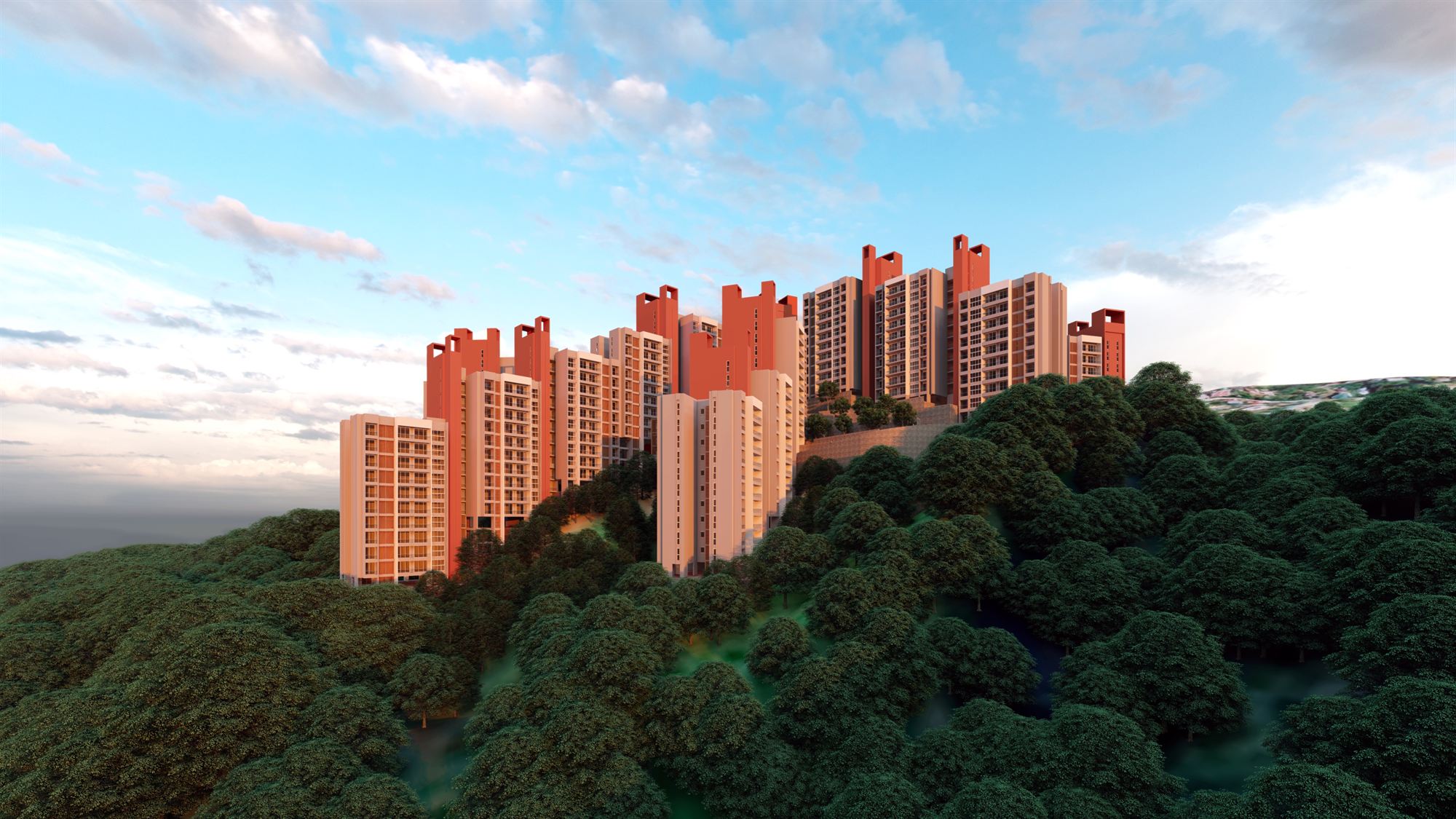 Federation Enclave towers rising above the forested hills of Aizawl