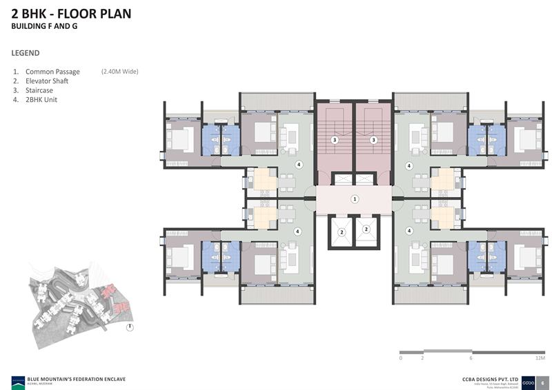 2 BHK floor plan for buildings A and B