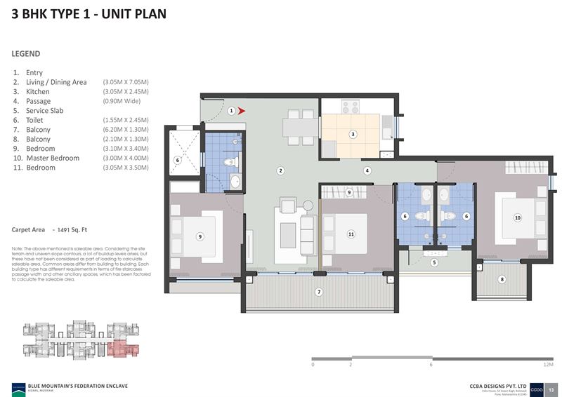 3 BHK Type 1 unit plan with room dimensions