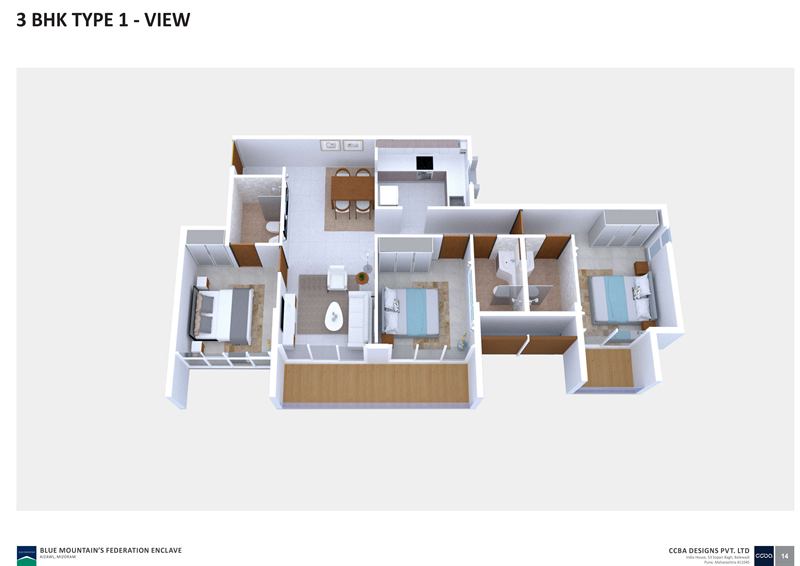 3 BHK Type 1 cutaway view