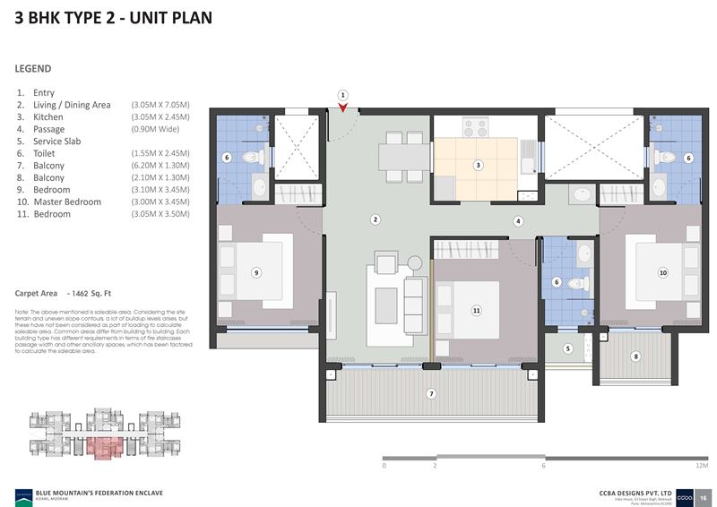 3 BHK Type 2 unit plan with room dimensions
