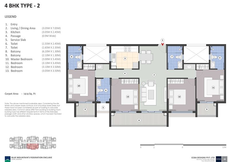 4 BHK Type 2 unit plan with room dimensions